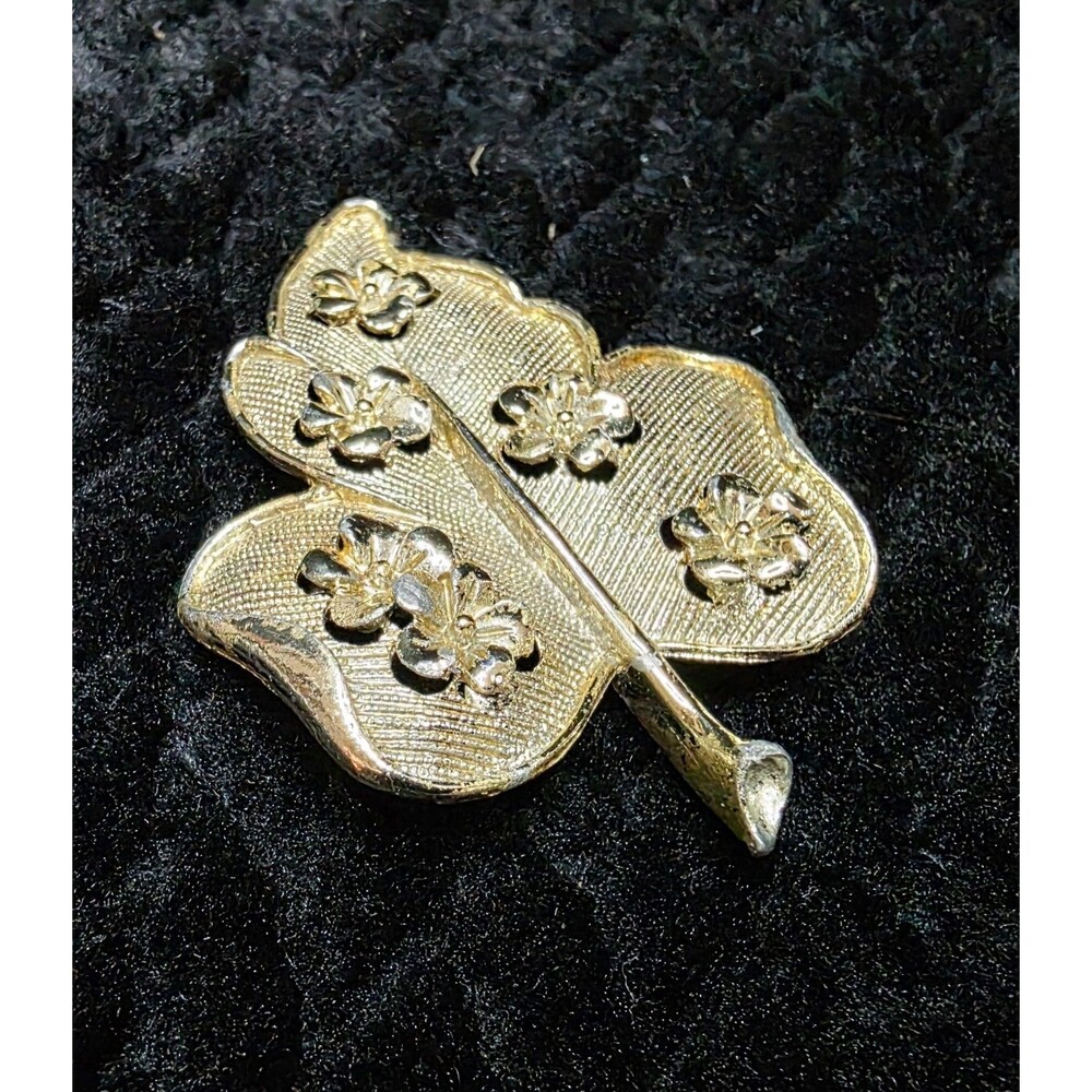 Vintage Mid-Century Gold Tone Leaf Brooch with Floral Accents | Textured Metal - Picture 6 of 8